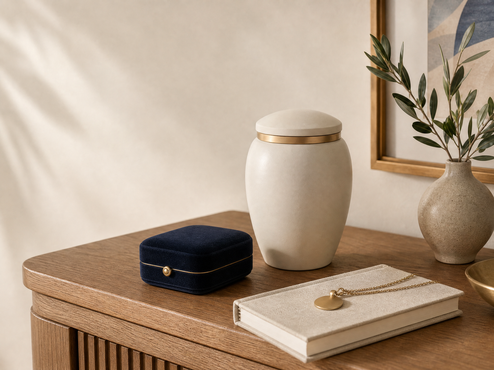 Keepsake urn and memorial jewelry arranged on a warm wood surface