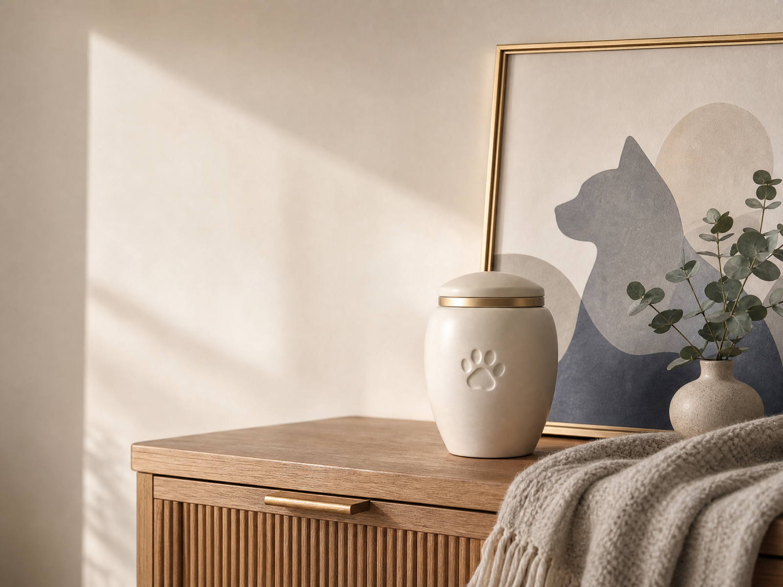 Tasteful pet memorial keepsake displayed in a peaceful home setting